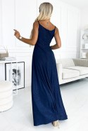 299-10 CHIARA elegancka maxi suknia na ramiączkach - GRANATOWA Z BROKATEM