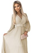 414-8 KLARA plisowana sukienka z paskiem i dekoltem - BEŻOWA