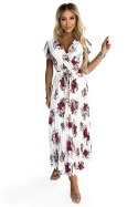 434-7 LISA Plisowana sukienka midi z dekoltem i falbankami - BORDOWE RÓŻE