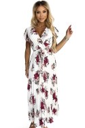 434-7 LISA Plisowana sukienka midi z dekoltem i falbankami - BORDOWE RÓŻE