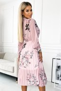 449-4 CARLA Plisowana sukienka midi z guziczkami i długim rękawkiem - RÓŻE na tle pastelowego różu
