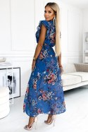 473-1 ARIA Długa sukienka z dekoltem i krótkim rękawkiem - NIEBIESKA w kwiaty