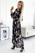 502-1 Plisowana sukienka midi z dekoltem, długim rękawkiem i wiązaniem w pasie - CZARNA w różowe kwiaty