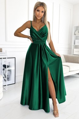 512-1 JULIET elegancka długa satynowa suknia z dekoltem - ZIELEŃ BUTELKOWA