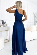 528-1 Długa połyskująca suknia na jedno ramię z kokardą - GRANATOWA