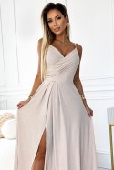 299-15 CHIARA elegancka maxi długa suknia na ramiączkach - BEŻOWA Z BROKATEM