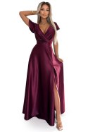 411-10 CRYSTAL satynowa długa suknia z dekoltem - BORDOWA