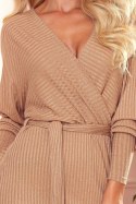 356-1 Kopertowa sukienka sweterekowa z wiązaniem - BEŻOWE PRĄŻKI