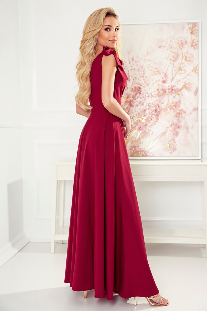 405-1 ELENA Długa suknia z dekoltem i wiązaniami na ramionach - BORDOWA