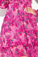 410-3 MONICA szyfonowa sukienka z wiązanym dekoltem - RÓŻOWE KWIATY